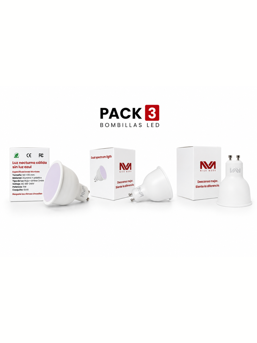 Pack x3 Halógeno GU10 Dual Spectrum Light — Luz nocturna cálida sin luz azul