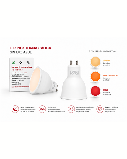 Halógeno GU10 Dual Spectrum Light — Luz nocturna cálida sin luz azul