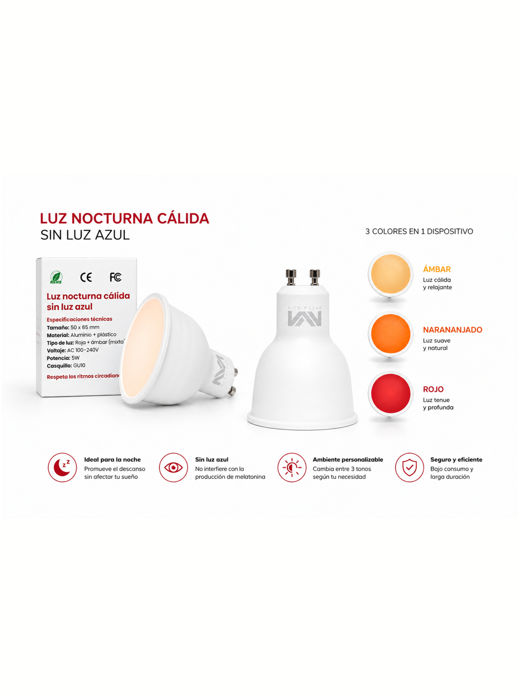 GU10 Dual Spectrum Light — Luz nocturna cálida sin luz azul