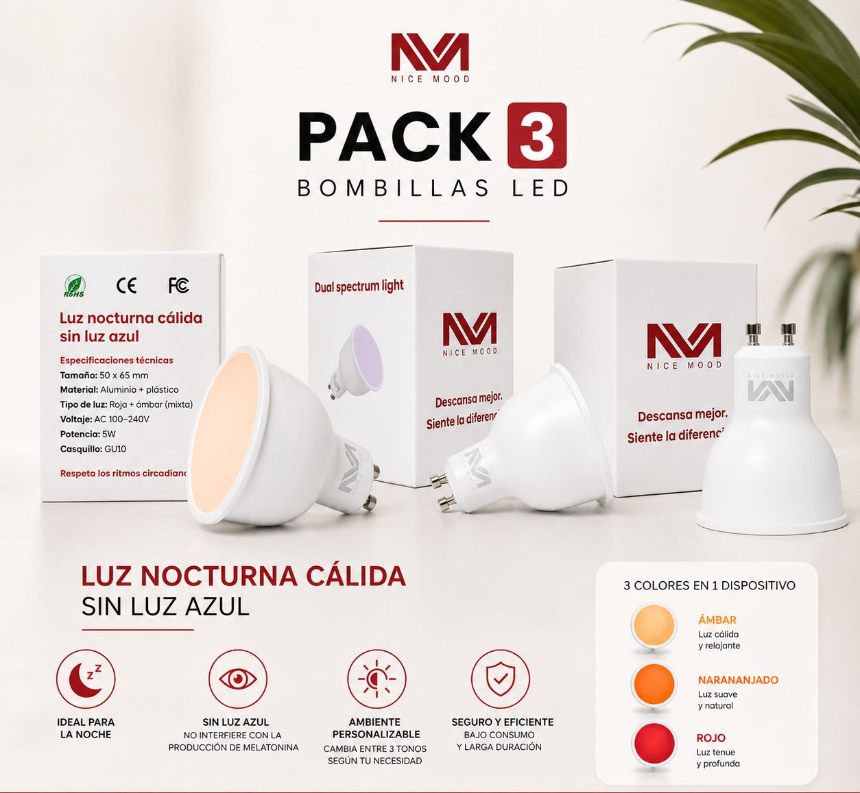 Pack x3 GU10 Dual Spectrum Light — Luz nocturna cálida sin luz azul